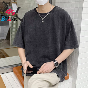 Solid Color 230gsm Cotton Men's Blank O-neck T-shirts Knit Jersey Men's Washed T-shirts <b>Summer</b> - Product Image 4