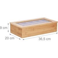 Boîte à thé rectangulaire en bambou naturel de haute qualité avec finition laquée, 10 compartiments et couvercle transparent pour organiser les sachets de thé