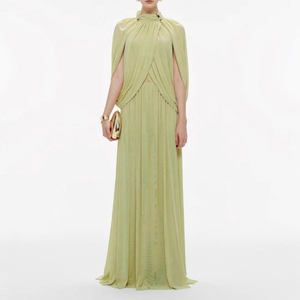 Abito lungo da donna sexy e alla moda, aderente con maniche incrociate, con spilla in metallo, tinta unita, elegante, scollo a O, design arricciato, abito da cocktail - Product Image 1