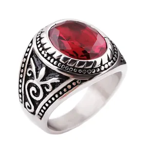 2017 New arrival Indonesia antique stainless titanium rings stainless steel ring with black red gem stones