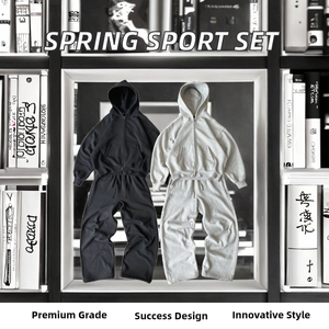 Ensemble de survêtement oversize à fermeture éclair, 100% coton, lavage vintage, sweat à capuche intégral et pantalon de jogging à jambes larges, unisexe, coupe ample, noir gris - Product Image 2