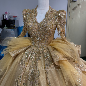 Mc053 Gold <b>Glitter</b> Tulle Prom Dress V Neck Long Sleeve Puff Shoulder Sequin Embroidered Crystal <b>Ball</b> Gown Jancember - Product Image 3