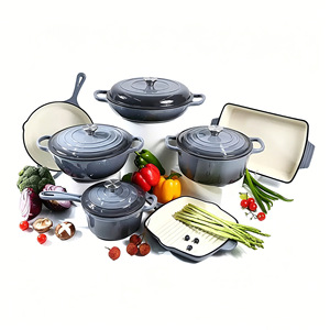Batterie de cuisine en fonte émaillée 7 pièces, compatible four, avec faitout, poêle, grill, plat à four et ustensiles de cuisson, pour cuisinières à induction et à gaz - Product Image 1