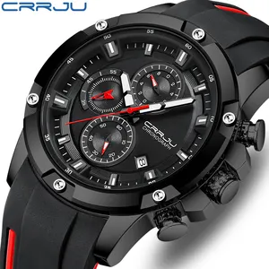 Crrju 2298 relógio masculino de quartzo, novo relógio de pulso de borracha cronógrafo com display luminoso, impermeável