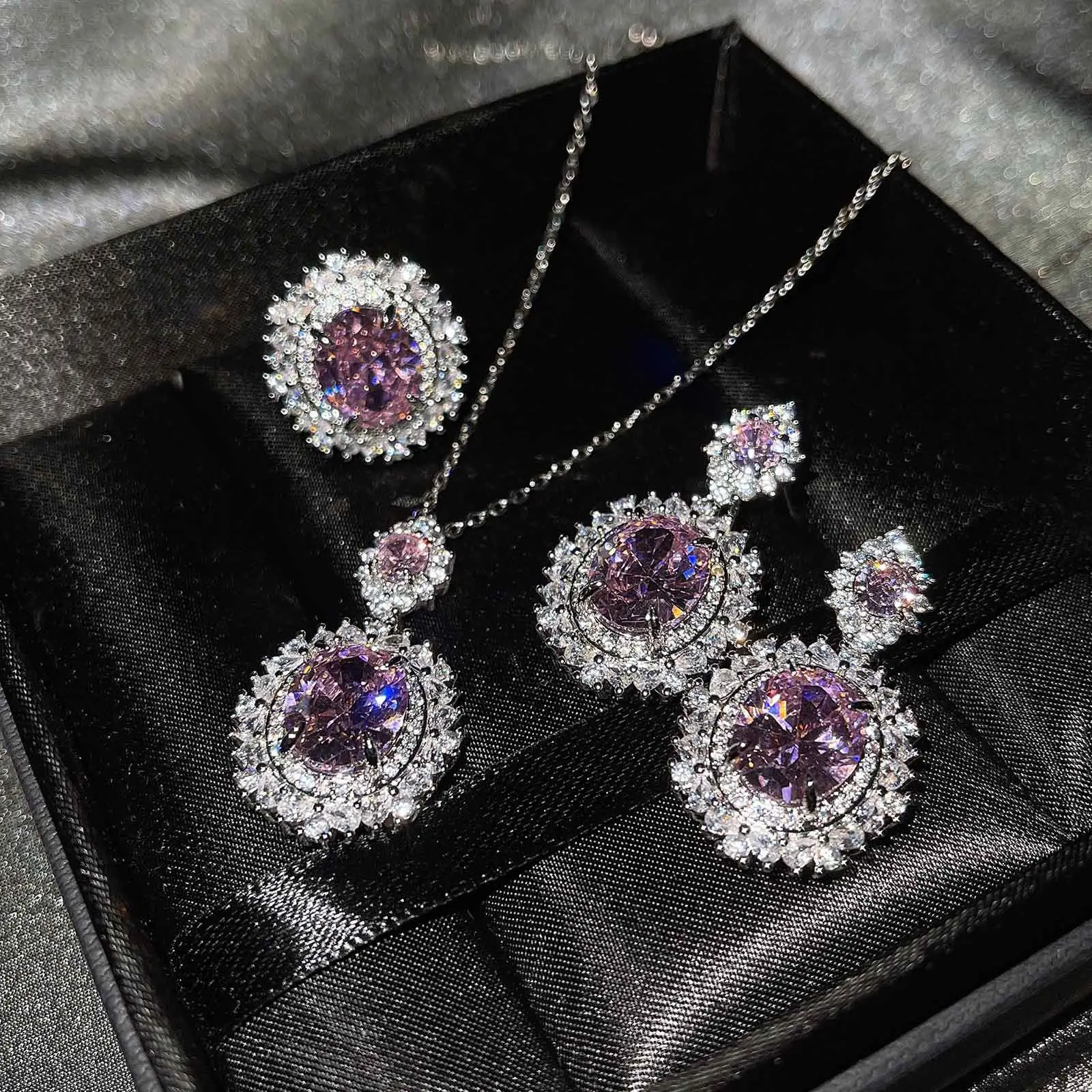 New Luxury Colored Jewelry Set Women Inlaid Sea Blue Topaz Crystal Ring Citrine Stud Earrings Pink Diamond Necklace