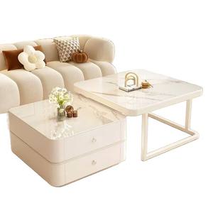 Mesa <span class=keywords><strong>de</strong></span> Centro <span class=keywords><strong>de</strong></span> Estilo Crema con Superficie <span class=keywords><strong>de</strong></span> Piedra Blanca y Almacenamiento Retráctil Móvil <span class=keywords><strong>para</strong></span> Sala <span class=keywords><strong>de</strong></span> Estar <span class=keywords><strong>de</strong></span> Apartamentos Pequeños, Diseño Moderno - Product Image 5