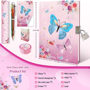 Mini Diario con Candado para Niñas, Set Secreto que Incluye Diario de Cartón con Candado para Niños, Bloc de Notas, 6 Bolígrafos Multicolor, Regla, 112 Páginas - Product Image 2