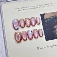 Uñas Postizas Ovaladas Cortas Hechas a Mano, con Brillo Intenso, Efecto Ojo de Gato, Cobertura Total, Uñas Artificiales