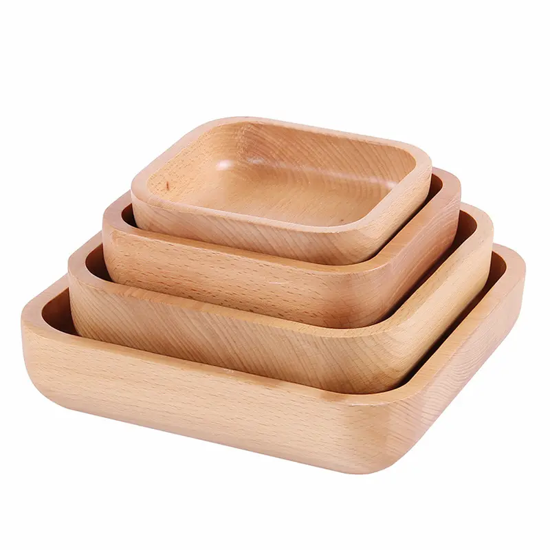 थोक ठोस लकड़ी Tableware 4 आकार लकड़ी का कटोरा सेट वर्ग बड़े लकड़ी की थाली नाश्ता मूंगफली व्यंजन परोसने खाद्य कंटेनर