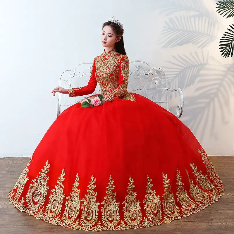 China de vestido rojo lujo tradicionales vestidos de boda vestido de boda musulmán de manga larga con encaje de oro traje