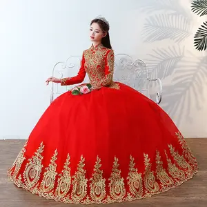 China Custom Red Ball Gown Роскошные Vintage Traditional Wedding Dresses Muslim свадебное платье с Long рукава Golden Lace костюм