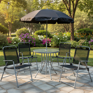 Leisure Modern 6pcs <b>Folding</b> Steel <b>Table</b> Chair Set With Umbrella Outdoor Furniture for Outdoor & Villa Use - Product Image 1