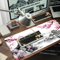 Fleurs de cerisier de style japonais et montagne Tapis de souris Fuji, tapis de bureau étendu, souris et clavier sans fil ; Bords lisses