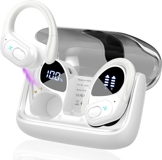 HD Stereo Bass Sports Earphone 75hour Playtime Wireless Earbuds HiFi Headphones Waterproof Headset with Earhooks HD65 - White