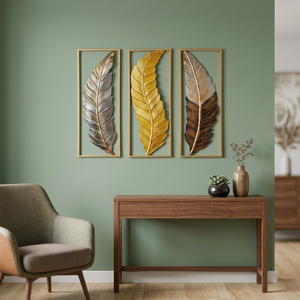 Juego de 3 Cuadros Decorativos Modernos con Plumas Doradas, Arte de Pared en Metal, Adornos Colgantes Florales y Botánicos - Product Image 3