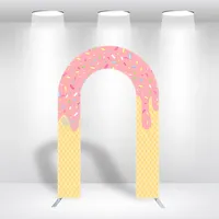 Arche métallique rose en forme de donut, support de toile de fond, cadre tubulaire robuste de 32 mm avec housse imprimée personnalisée pour la décoration d'événements tels que les anniversaires, les mariages et les fêtes