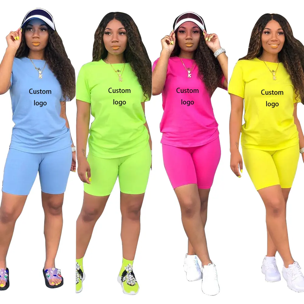 Bán Hot 9171 Logo Tùy Chỉnh Phụ Nữ Quần Áo Cotton Ngắn Tay Áo Neon Hai Cái Quần Short Set Casual 2 Piece Phụ Nữ Trang Phục