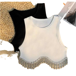 Top Corto de Punto con Cuello Redondo y Adornos, Estilo Europeo y Americano, Sin Mangas, Transpirable y Ajustado para Mujer - Product Image 1