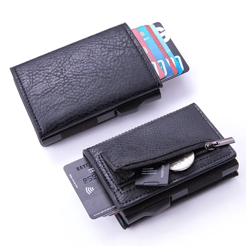 Customized Color and Logo RFID Blocking PU Leather Aluminum Metal Wallet Minimalist Wallet Credit Card Holder With Money Clip