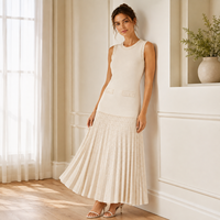 Robe en tricot pointelle ivoire pour femme, col rond, sans manches, longueur midi, vente en gros, marque privée