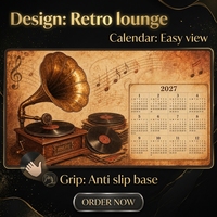 Tapis de bar rétro vintage, calendrier 2027, vinyle, gramophone, tapis de table lounge, tissu RPET, 30 x 90 cm, impression personnalisée