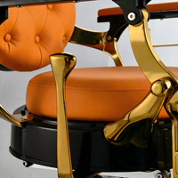 Fauteuil de Salon Hydraulique de Luxe Vintage, Chaise de Barbier en Cuir Orange Doré avec Dossier Capitonnée, Repose-Pieds et Appui-Tête pour Salon