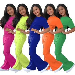 Children's wear 2022 new girls' solid color multicolor T-shirt flared trousers trousers short sleeve suit