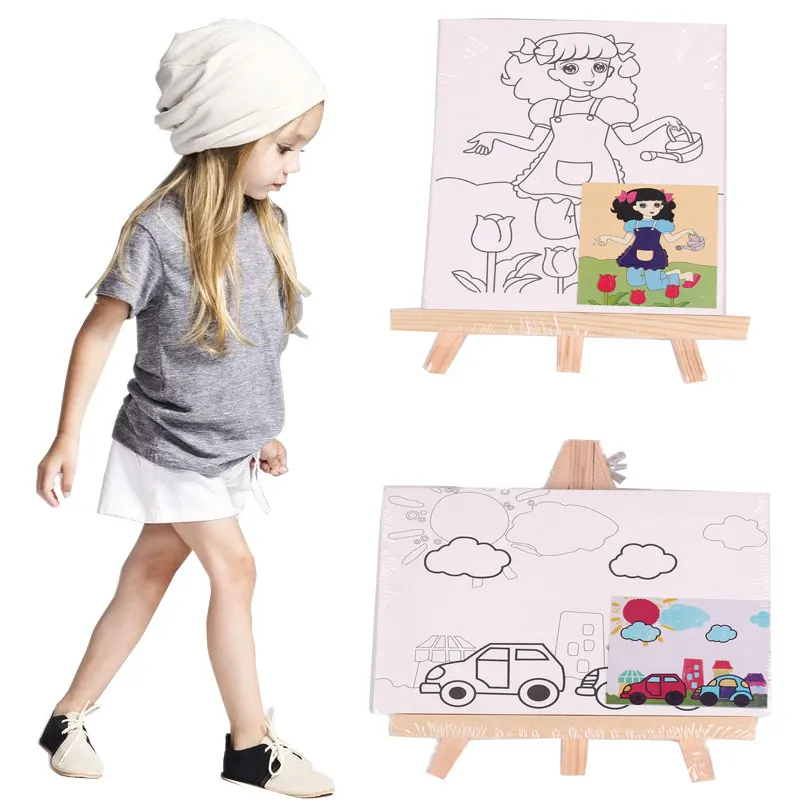 8 Ontwerp Kids Canvas Schilderij Set Mini Tafelblad Schildersezel Schilderen Canvas Set Met Verf Voor Kinderen Tekenen
