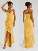 Vestido Maxi de Malla Amarillo Pálido con Volantes, Cuello en V, Tirantes Finos, Ajustado, Fruncido y Abertura Alta - ¡Nueva Llegada, Gran Venta en EE. UU. y Australia!