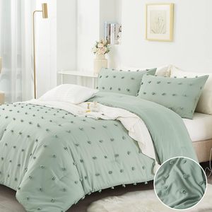 Juego de edredón de tamaño Queen de tres piezas con mechones americanos europeos, tela de microfibra suave de <span class=keywords><strong>Color</strong></span> puro, bordado estampado cómodo - Product Image 2
