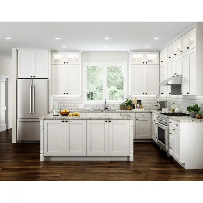 Custom made european american style wood kitchencabinet design high quality white shaker solid wood kitchens cabinet