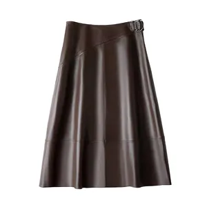 Factory Price Wholesale Plus Size Stylish A Line Brown Elegant Real Women Leather Skirt With Belt