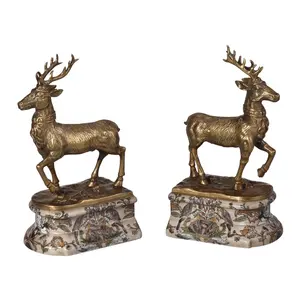 European luxury business ornaments pure copper deer with marble base book holder desk book end ornaments accessories statue