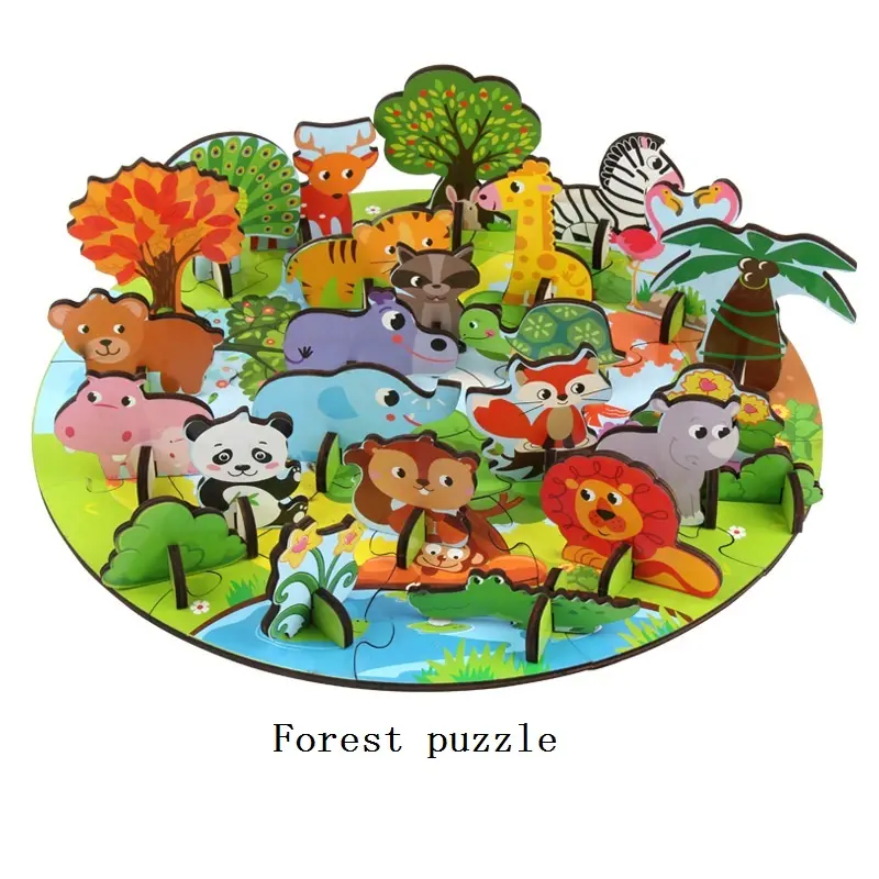 나무 퍼즐 유아 퍼즐 세트 숲 동물 두꺼운 나무 건설 큰 손잡이와 하드 박스