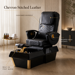 Fauteuil de pédicure en cuir noir avec bassin pour les pieds, garniture dorée, surpiqûres chevron, fauteuil de spa pour pédicure, fauteuil de spa pour les pieds pour salon de manucure - Product Image 1