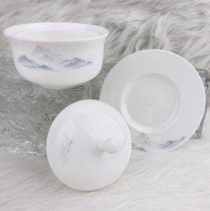 Sopera de cerámica blanca con tapa y platillo, hecha a mano bajo esmalte, nuevo estilo chino, diseño de montaña, ideal para regalo. - Product Image 6