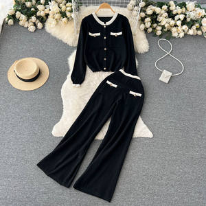 ชุด2ชิ้นเสื้อคาร์ดิแกนถักแบบเดี่ยวกางเกงขากว้างพลิ้วไหวสำหรับผู้หญิง - Product Image 2