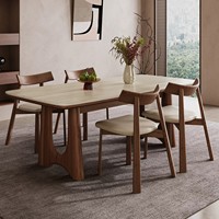 Ensemble de table à manger moderne assemblé et durable, plateau en pierre frittée blanc crème avec pieds en bois sculptés pour la salle à manger et la cuisine à domicile