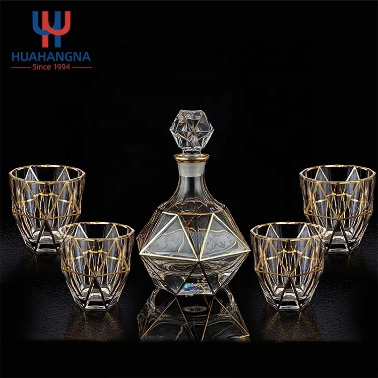 5 peças Aristocrática Diamante Requintado Design Guarnição do Ouro de Vidro Whisky & Liquor Decanter com 4 Copos de Uísque para a Festa de Casamento