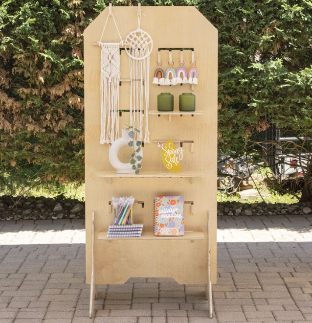Apache Customized Portable Wooden Floor Standing Display with Configurable Shelves, Hooks, Pegs — view 3
