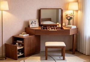 Solid Oak Makeup <b>Vanity</b> With Flip-Top <b>Mirror</b> And Storage Drawers For Bedroom Minimalist Design - Product Image 6