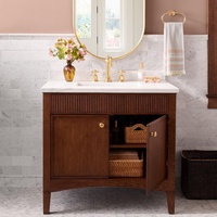 Meuble-lavabo autoportant à façade cannelée avec double porte de rangement, vasque en céramique, finitions personnalisées, armoire de salle de bain de luxe rétro