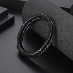 Wholesale Premium Men's Retro Woven Magnetic Buckle Brown Genuine <b>Leather</b> <b>Bracelet</b> with Stainless Steel Promotional Wristbands - Product Image 4