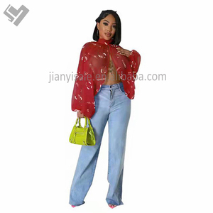 Blus jaring terpisah turtleneck musim semi wanita merek terkenal blus jaring cetak mewah lengan panjang blus sifon perspektif atasan - Product Image 5