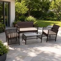 Ensemble de meubles de jardin en rotin moderne, ensemble de canapés en osier PE, causeuse et fauteuils de patio avec table en verre pour bord de piscine