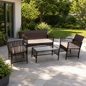 Set di Mobili da Giardino Moderni in Rattan, Divano e Poltrone in Vimini PE con Tavolo in Vetro per Bordo Piscina - Product Image 5