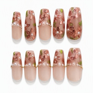 Uñas Postizas 3D con Diseño Floral Rosa y Perlas, Uñas Artificiales de Cobertura Completa, Pre-Diseñadas, Removibles, Extensiones de Uñas de Plástico para Dedos - Product Image 4