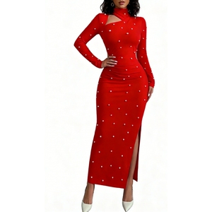 เดรสแม็กซี่ประดับมุกสำหรับผู้หญิงชุดเดรสยาวแขนยาวทรงบอดี้คอนสำหรับงานปาร์ตี้แฟชั่น - Product Image 6