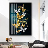 Peinture murale moderne en verre acrylique avec des feuilles de papillon, art nordique, or bleu, véritable papillon, décoration murale