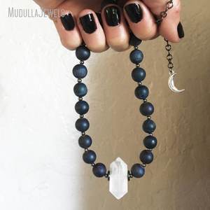 قلادة قلادة NM55155 مطلية بالفضة باللون الأزرق الداكن بالخرز من العقيق والدرزي قلادة من الأحجار الكريمة الطبيعية قلادة مصنوعة يدويًا من الأحجار الكريمة - Product Image 6